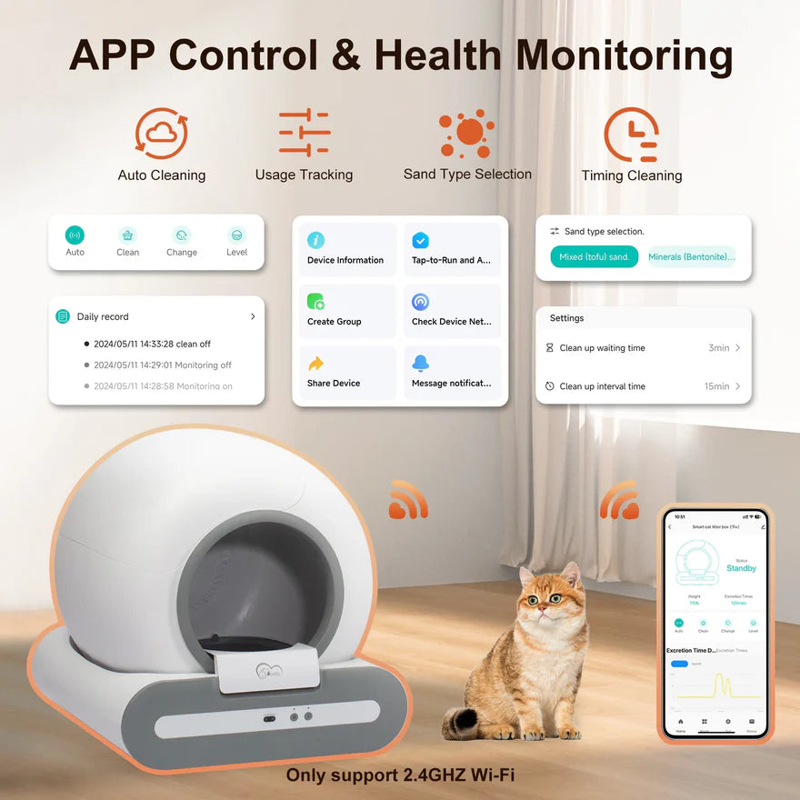 DOEL 65L Self-Cleaning Cat Litter Box App Control – ONLY Supports 2.4G WiFi w/ Litter Mat & Trash Bags